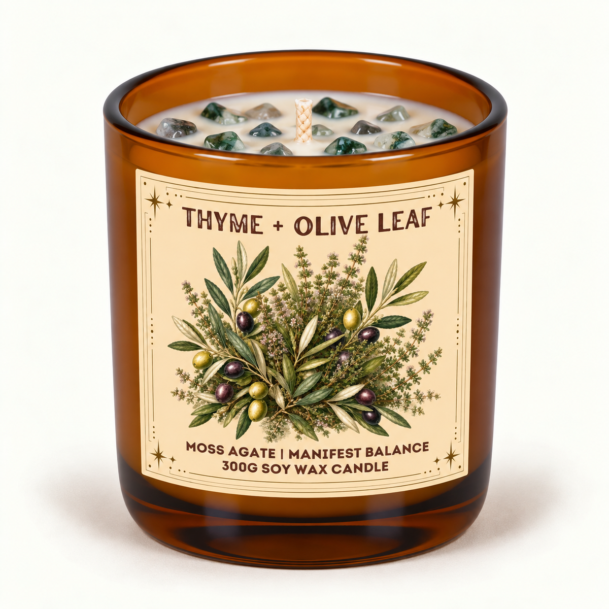Thyme + Olive Leaf - 300g Crystal Infused Soy Wax Candle