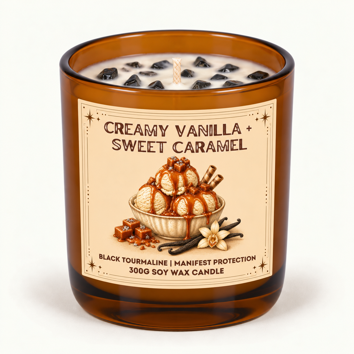 Creamy Vanilla + Sweet Caramel - 300g Crystal Infused Soy Wax Candle