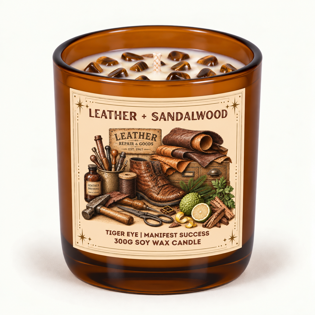 Vintage Leather + Sandalwood - 300g Crystal Infused Soy Wax Candle