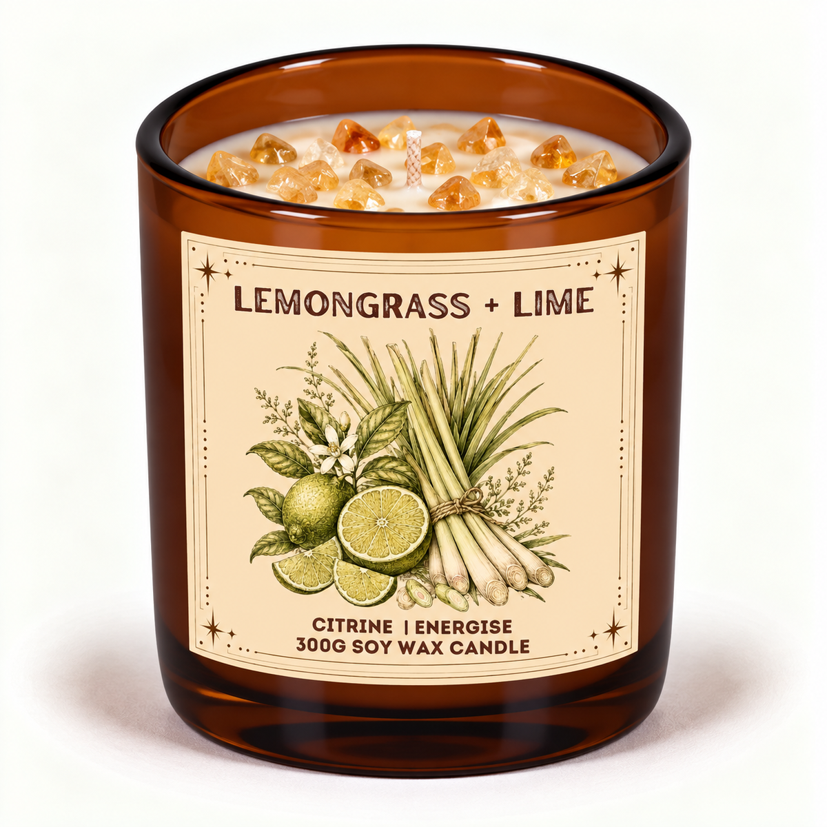 Lemongrass + Lime - 300g Crystal Infused Soy Wax Candle